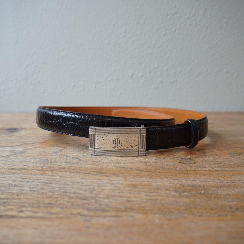 Lauren Ralph Lauren Black Croc Embossed Italian Leather Belt Silver LRL Buckle